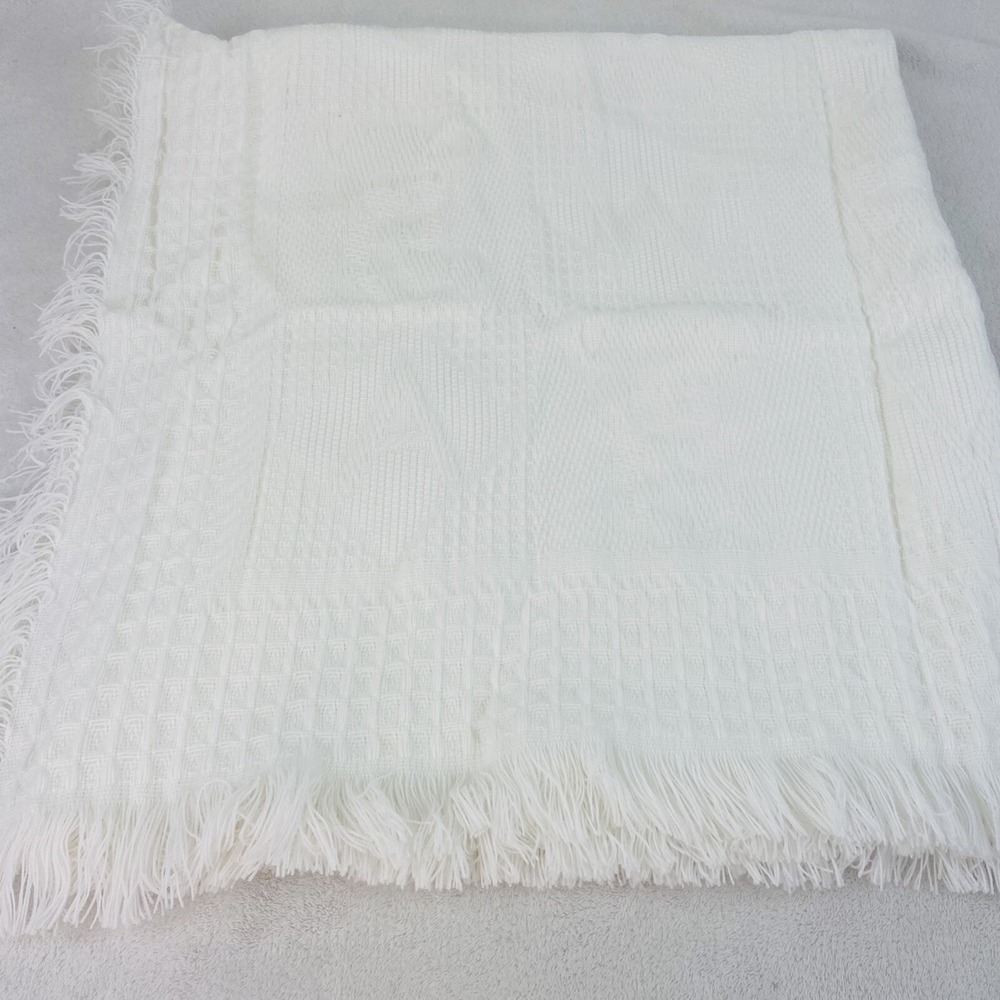 Vintage Baby Blanket Crib Receiving Textured White Woven Fringe 39" x 39"  USA